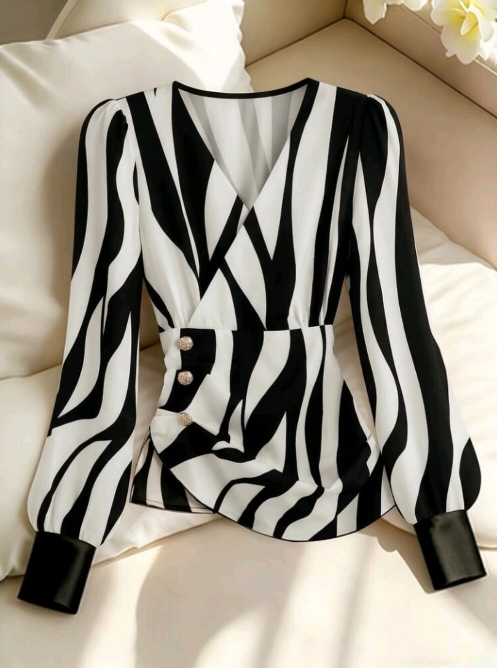 Women's Fashion Long Sleeve VNeck Wrap Top Elegant French Mature White And Black